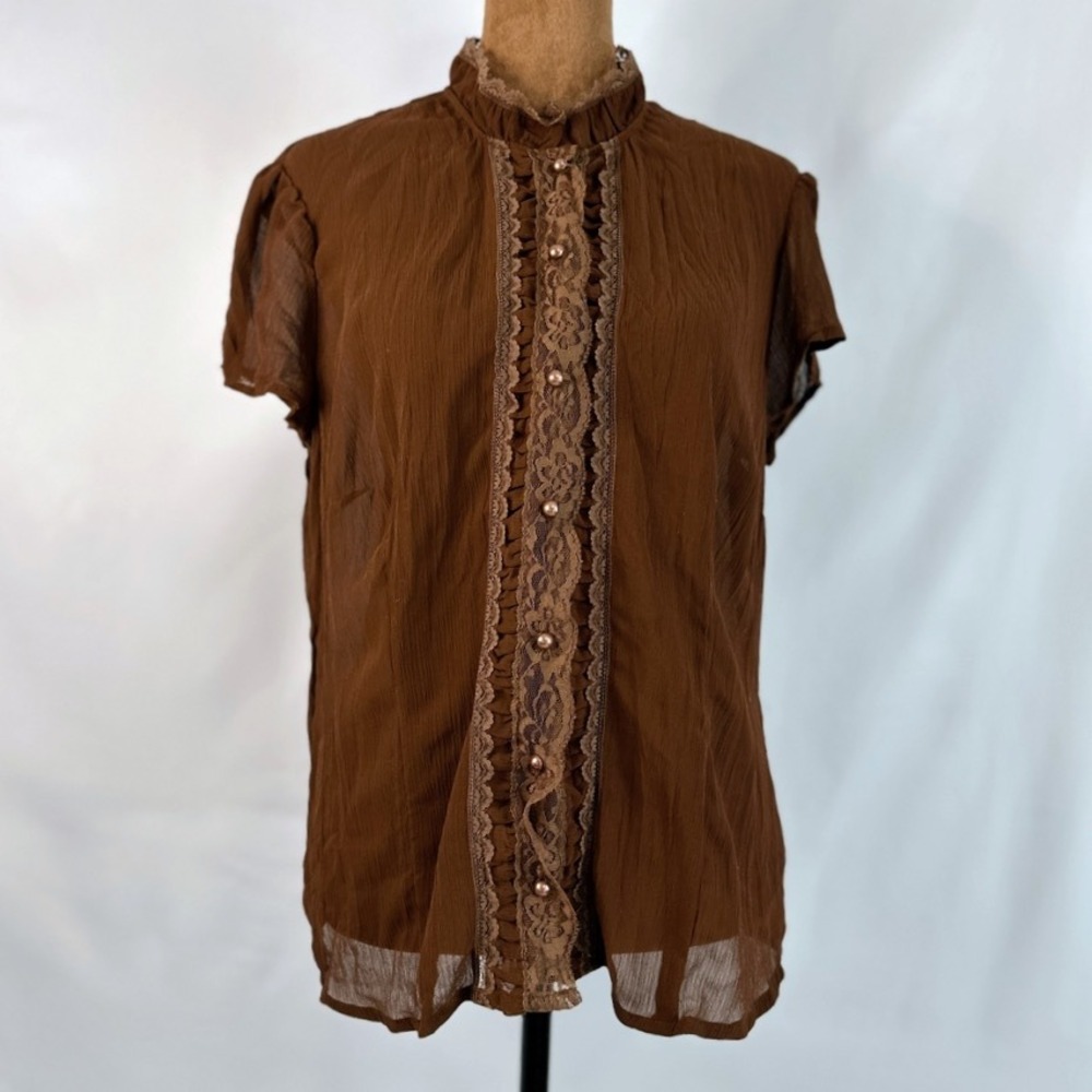 Faded Glory  Y2K  Lace Trim Blouse Women M Brown Good Victorian Ruffle Sheer Top